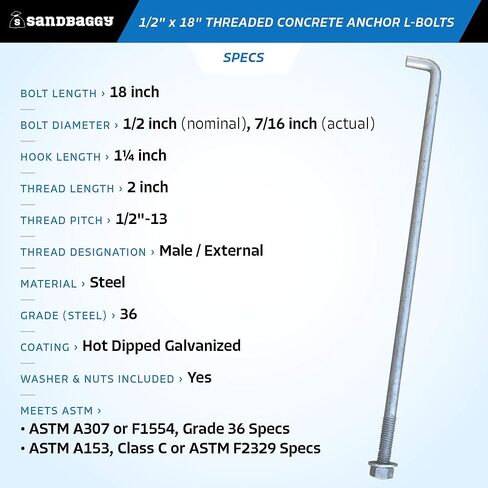 Sandbaggy 1/2 "× 18" مرساة خرسانية ملولبة L -bolts (المكسرات والغسالات المشمولة) - حار غطس غلف - لوحة عتبة ، لوحة قاعدة ، البناء ، الخشب ، مرساة الأسمنت ، J الترباس (10 ، 1/2 "× 18") in Kuwait