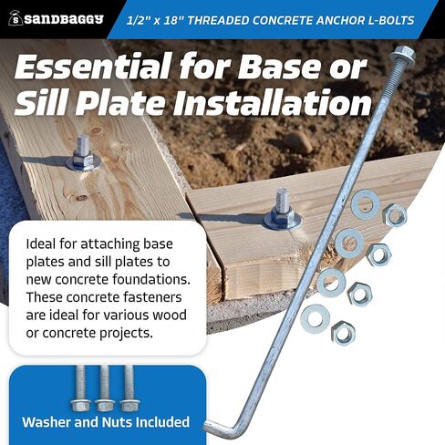 Sandbaggy 1/2 "× 18" مرساة خرسانية ملولبة L -bolts (المكسرات والغسالات المشمولة) - حار غطس غلف - لوحة عتبة ، لوحة قاعدة ، البناء ، الخشب ، مرساة الأسمنت ، J الترباس (10 ، 1/2 "× 18") in Kuwait