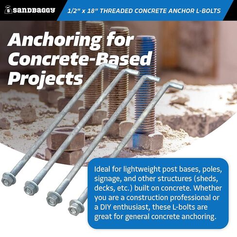 Sandbaggy 1/2 "× 18" مرساة خرسانية ملولبة L -bolts (المكسرات والغسالات المشمولة) - حار غطس غلف - لوحة عتبة ، لوحة قاعدة ، البناء ، الخشب ، مرساة الأسمنت ، J الترباس (10 ، 1/2 "× 18") in Kuwait