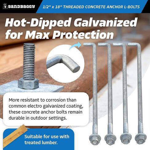 Sandbaggy 1/2 "× 18" مرساة خرسانية ملولبة L -bolts (المكسرات والغسالات المشمولة) - حار غطس غلف - لوحة عتبة ، لوحة قاعدة ، البناء ، الخشب ، مرساة الأسمنت ، J الترباس (10 ، 1/2 "× 18") in Kuwait