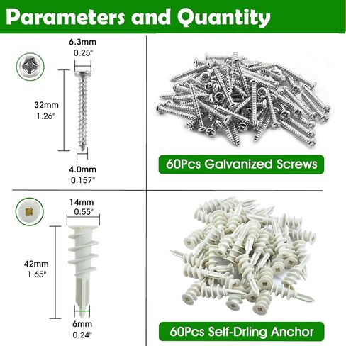 120Pcs Drywall Anchors, 60 Sets Self-Drilling Dry Wall Anchors and Screws kit, Heavy-Duty Wall Anchors for Drywall, Gypsum Board and Hollow Walls, No Pre Drill Hole Required in Saudi Arabia