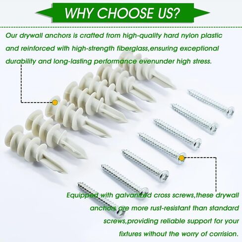 120Pcs Drywall Anchors, 60 Sets Self-Drilling Dry Wall Anchors and Screws kit, Heavy-Duty Wall Anchors for Drywall, Gypsum Board and Hollow Walls, No Pre Drill Hole Required in Saudi Arabia