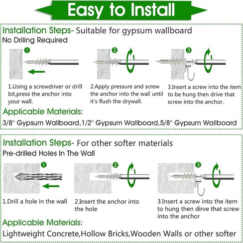 120Pcs Drywall Anchors, 60 Sets Self-Drilling Dry Wall Anchors and Screws kit, Heavy-Duty Wall Anchors for Drywall, Gypsum Board and Hollow Walls, No Pre Drill Hole Required in Saudi Arabia