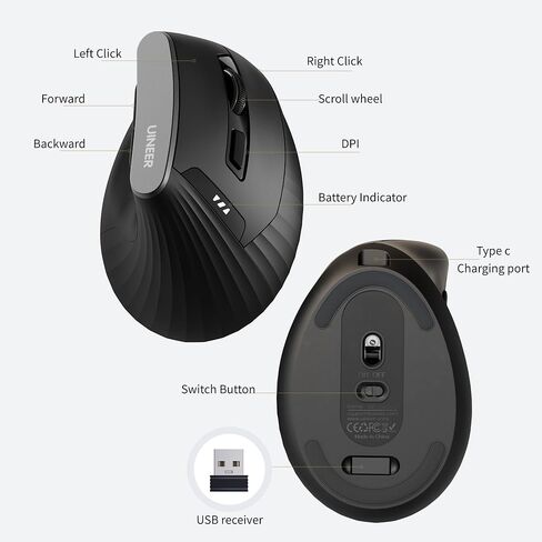Vertical Mouse Wireless, 2.4G Rechargeable Mouse with Battery Indicator,4 Level DPI,Ergonomic Design for Comfort and Reduced Wrist Strain, Ideal for Home,Office Use,Matte Black in Saudi Arabia