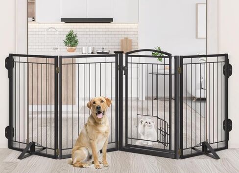 بوابة الكلب الدائمة المعدنية مع المعادن مع باب القط للداخل/الخارجي ، 80 "بوابة الحيوانات الأليفة القابلة للطي جدا ، 32" بوابات الكلاب طويلة لسلالم الفتحات الكبيرة ، سطح السفينة ، الفناء ، المداخل (4 لوحات ، أسود) in Kuwait