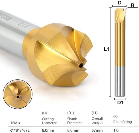 8mm 10mm 12mm Shank End Mill R1.0-R12 HSS Radius Milling Cutter Coated Corner Rounding End Mill CNC Router Bit Milling Tool(R1x8x8x67) in Kuwait