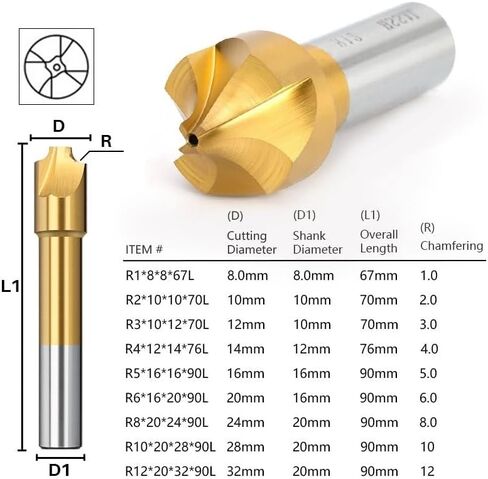 8mm 10mm 12mm Shank End Mill R1.0-R12 HSS Radius Milling Cutter Coated Corner Rounding End Mill CNC Router Bit Milling Tool(R1x8x8x67) in Kuwait