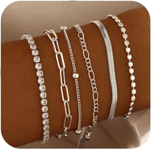 DEARMAY Dainty Silver Bracelets for Women Trendy, 925 Sterling Silver Jewelry Set for Women Bracelets for Women Paperclip Box Herringbone Figaro Rope Chain Bracelet Fashion Pack Gifts for Women Girls in Kuwait