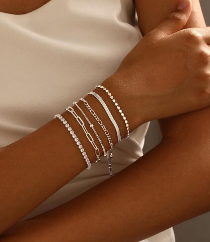 DEARMAY Dainty Silver Bracelets for Women Trendy, 925 Sterling Silver Jewelry Set for Women Bracelets for Women Paperclip Box Herringbone Figaro Rope Chain Bracelet Fashion Pack Gifts for Women Girls in Kuwait