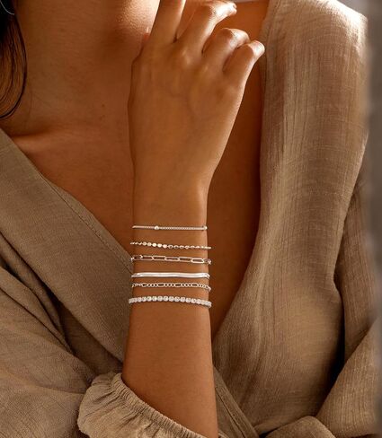 DEARMAY Dainty Silver Bracelets for Women Trendy, 925 Sterling Silver Jewelry Set for Women Bracelets for Women Paperclip Box Herringbone Figaro Rope Chain Bracelet Fashion Pack Gifts for Women Girls in Kuwait