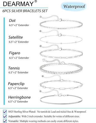 DEARMAY Dainty Silver Bracelets for Women Trendy, 925 Sterling Silver Jewelry Set for Women Bracelets for Women Paperclip Box Herringbone Figaro Rope Chain Bracelet Fashion Pack Gifts for Women Girls in Kuwait
