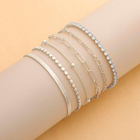 DEARMAY Dainty Silver Bracelets for Women Trendy, 925 Sterling Silver Jewelry Set for Women Bracelets for Women Paperclip Box Herringbone Figaro Rope Chain Bracelet Fashion Pack Gifts for Women Girls in Kuwait
