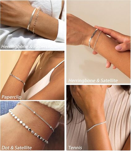 DEARMAY Dainty Silver Bracelets for Women Trendy, 925 Sterling Silver Jewelry Set for Women Bracelets for Women Paperclip Box Herringbone Figaro Rope Chain Bracelet Fashion Pack Gifts for Women Girls in Kuwait