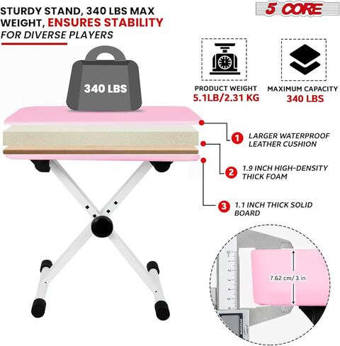 5 CORE Keyboard Stand Piano Bench Combo Height Adjustable Heavy Duty Key Board Stands w Padded 3" Cushioned Musician Chair Set for Stage Studio Students Teachers - KS 2X WH+KBB WH HD in Saudi Arabia
