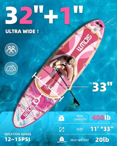 ألواح مجداف قابلة للنفخ 11'x33 '' ، قفا SUP Paddle Board قابلة للنفخ للشباب البالغين ، extre wide وغير انزلاق SUP من جميع مستويات المهارة in Kuwait