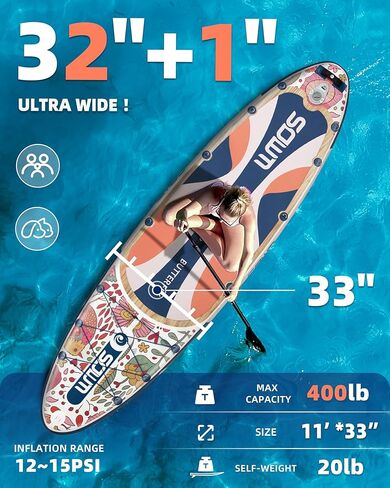 ألواح مجداف قابلة للنفخ 11'x33 '' ، قفا SUP Paddle Board قابلة للنفخ للشباب البالغين ، extre wide وغير انزلاق SUP من جميع مستويات المهارة in Saudi Arabia