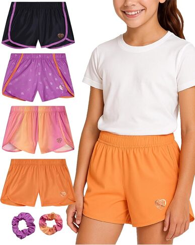 Body Glove Girls' Shorts - 4 Pack Athletic Performance Dry Fit Dolphin Gym Shorts, Scrunchie (7-12) in Kuwait