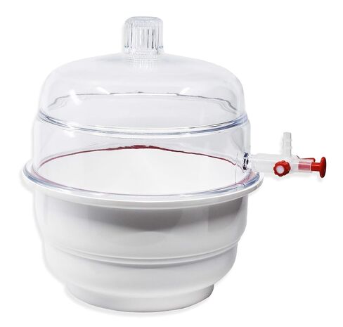 فراغ مجفف ، 20 سم - السيليكون O -Ring - البولي بروبيلين والبولي كربونات - قابس PTFE و stopcock - قبة مسطحة - Autoclavable - 740 مم زئبق لمدة 24 ساعة - Eisco Labs in Saudi Arabia