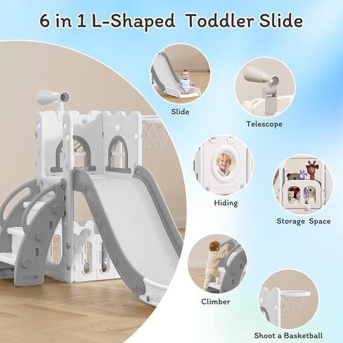 MOCUTEEN 6 in 1 Toddler Slide,Baby Playset for Indoor Outdoor Playground with Basketball Hoop,Storage and Telescope,Climbing Toys for Toddler Playground Playset in Kuwait