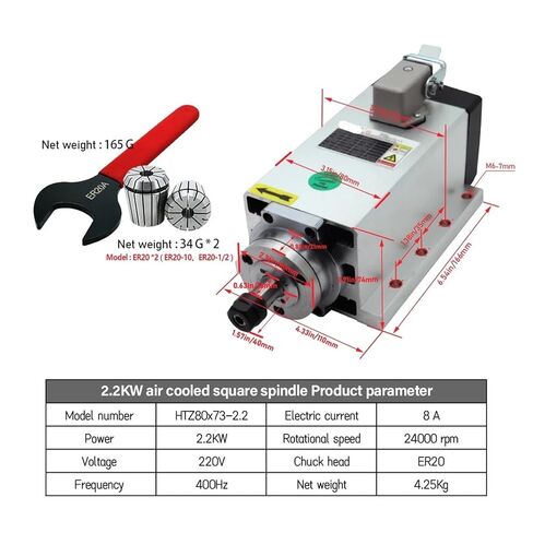 2.2KW محرك المغزل 110V / 220V ER20 400Hz 24000RPM + WER20A WRENCH + 2 PCS ER20 Chuck 1/2 Inv 10mm in Kuwait