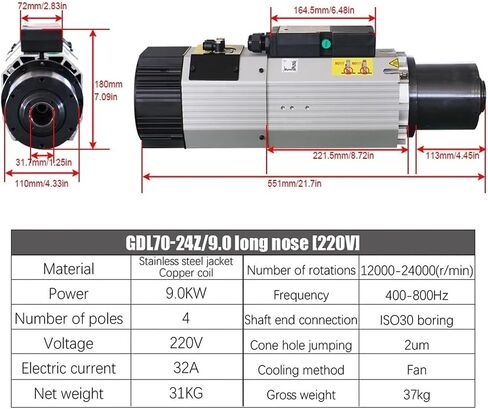 9KW AC220V / 380V Automatic Spindle 800Hz 24000RPM ISO30 (220V) in Kuwait
