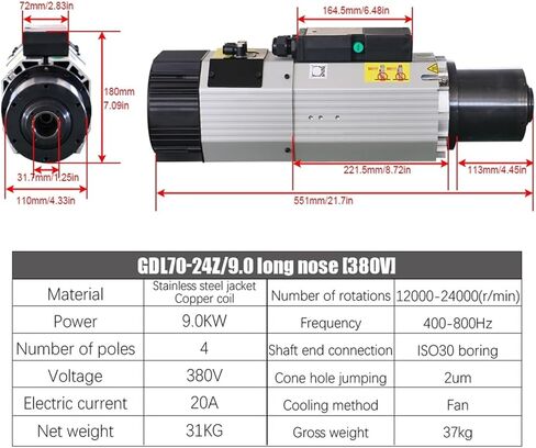 9KW AC220V / 380V Automatic Spindle 800Hz 24000RPM ISO30 (220V) in Kuwait