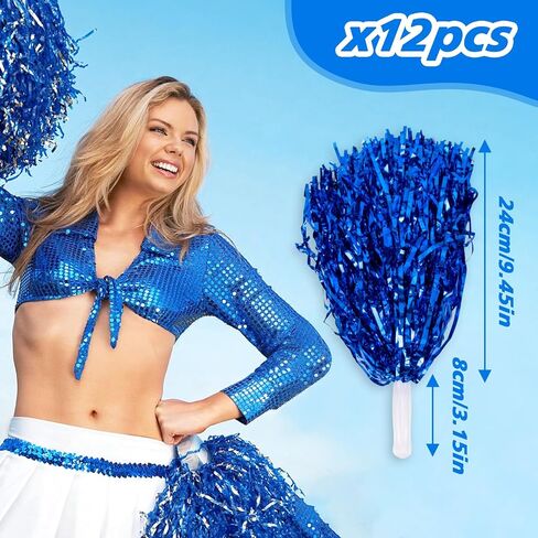 Pom Poms Cheerleading - 12 Pcs Metallic Foil Plastic Cheer Pom Poms with Baton Handle,Cheering Squad Hand Flower for Game Sports Squads Dancing Party Sportsteam Spirit Sports(Blue) in Saudi Arabia