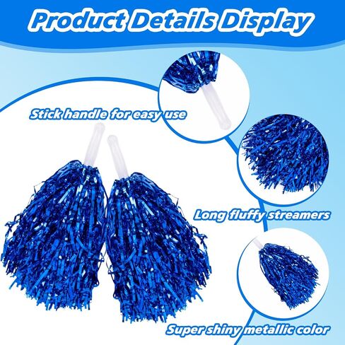 Pom Poms Cheerleading - 12 Pcs Metallic Foil Plastic Cheer Pom Poms with Baton Handle,Cheering Squad Hand Flower for Game Sports Squads Dancing Party Sportsteam Spirit Sports(Blue) in Saudi Arabia