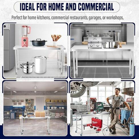 Homeeterna من الفولاذ المقاوم للصدأ طاولة عمل مع طاولة الإعدادية المطبخ التجارية الشاقة ، والطعام من الدرجة الغذائية قابلة للمعادن ، وعجلات قابلة للتعديل ، والقاعدة المفتوحة ، والفضة in Saudi Arabia