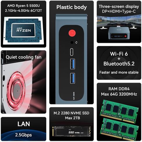 TRIGKEY S6 Mini PC, Ryzen 7 6800U (8C/16T, Up to 4.7GHz), 32G LPDDR5 1TB SSD, Mini Desktop Computer Radeon Graphics 12Core 2200MHz, DP+HDMI+Type-C Triple-Screen 4K Output, WiFi6, BT 5.2, 1000M LAN in Kuwait