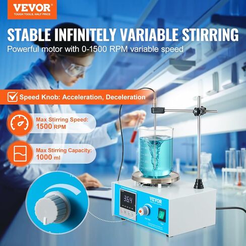 VEVOR Magnetic Stirrer Hot Plate, 1500RPM 250W Heating Power Stir Plate, 1000mL Stirrer Kit with Adjustable Speed Knob, Support Stand, and Stir Bars, Max 211.8℉/99.9°C, LED Display Screen, White in Saudi Arabia