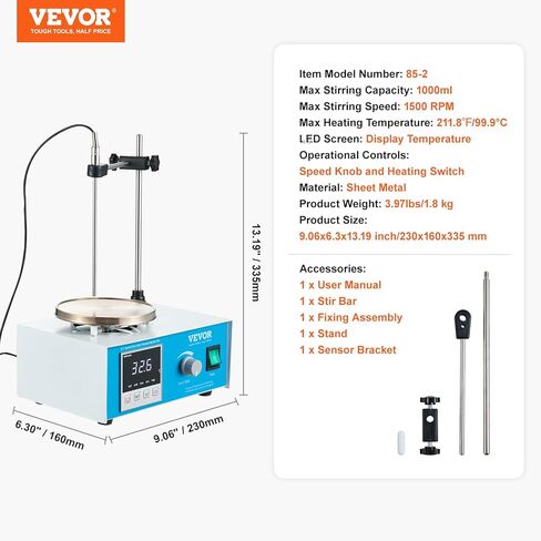 VEVOR Magnetic Stirrer Hot Plate, 1500RPM 250W Heating Power Stir Plate, 1000mL Stirrer Kit with Adjustable Speed Knob, Support Stand, and Stir Bars, Max 211.8℉/99.9°C, LED Display Screen, White in Saudi Arabia