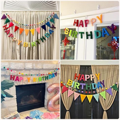 4PCS Pre-Strung Happy Birthday Banner - Felt Happy Birthday Garland, Ball Garland, Felt Pennant Flag, Colorful Thread Tassel Rainbow Party Decorations for Women Men Kids in Kuwait