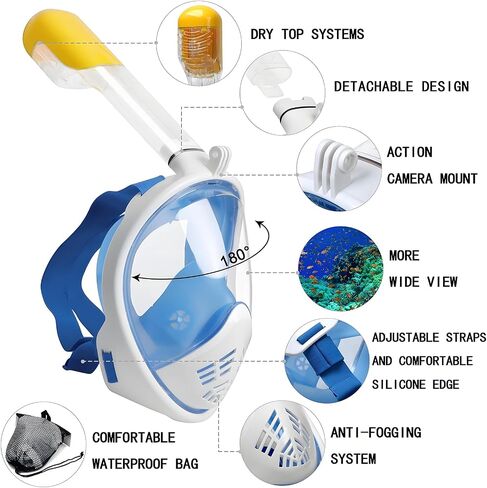 Full Face Dry Snorkeling Mask, Suitable for Beginners Snorkeling Equipment, Free Breathing, 180 Degree Panoramic View, Anti Fog and Leak Proof, It’s The Best Gift for Summer. in Kuwait