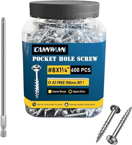 600Pcs #8 x 1-1/4 Inch Pocket Hole Screws, Interior Pocket Screw, Zinc Coated, Coarse Thread, Square Drive Washer Head, 150MM Drive Bit Included. in Kuwait