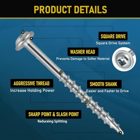 600Pcs #8 x 1-1/4 Inch Pocket Hole Screws, Interior Pocket Screw, Zinc Coated, Coarse Thread, Square Drive Washer Head, 150MM Drive Bit Included. in Kuwait