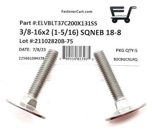 (5) 3/8-16x2 مصعد المصعد الفولاذ المقاوم للصدأ الرقبة مربعة (1-5/16 رأس القطر) 18-8 in Kuwait
