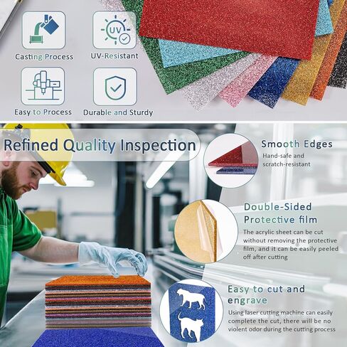 Glitter Acrylic Sheets Bulk, MAPRIAL 10Pcs 8 x 8 x 1/8" Thick Acrylic Sheet for Laser Cutting, Engraving Material, Signs, Pet Tags, Jewelry, Home Decor, Photo Frames, DIY Crafts Decoration in Kuwait