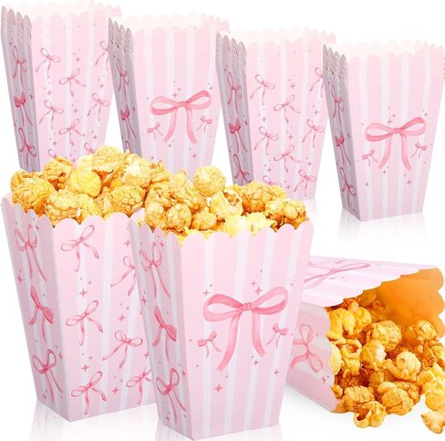24 Pcs Pink Bow Mini Popcorn Boxes Pink and White Bulk Popcorn Containers Open Top Goodies Treat Candy Bags for Wedding Baby Shower Party Supplies in Saudi Arabia