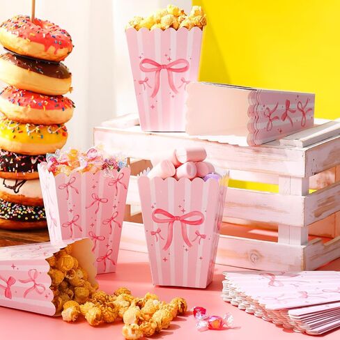 24 Pcs Pink Bow Mini Popcorn Boxes Pink and White Bulk Popcorn Containers Open Top Goodies Treat Candy Bags for Wedding Baby Shower Party Supplies in Saudi Arabia