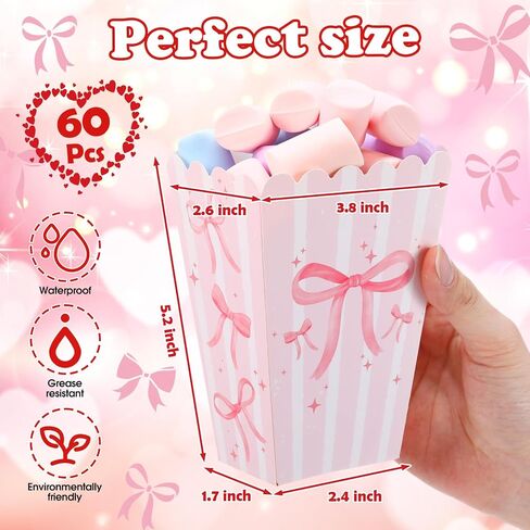 24 Pcs Pink Bow Mini Popcorn Boxes Pink and White Bulk Popcorn Containers Open Top Goodies Treat Candy Bags for Wedding Baby Shower Party Supplies in Saudi Arabia