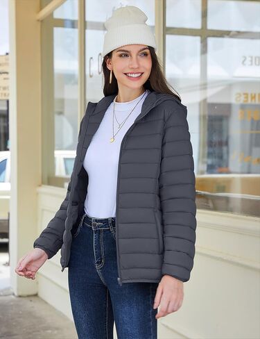 YUCOLEN Women's Puffer Jacket with Hood Lightweight Quilted Padded 4 Pockets Zip-up Coat Winter Jackets for Women in Kuwait