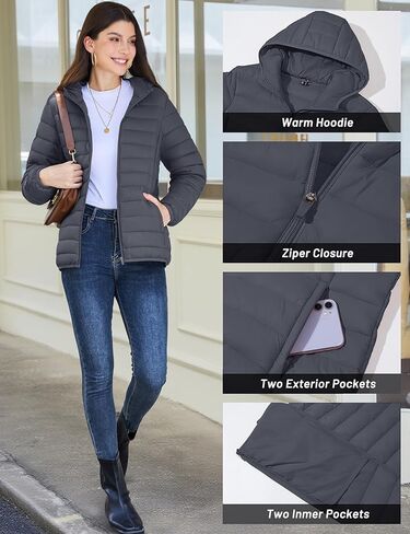 YUCOLEN Women's Puffer Jacket with Hood Lightweight Quilted Padded 4 Pockets Zip-up Coat Winter Jackets for Women in Kuwait