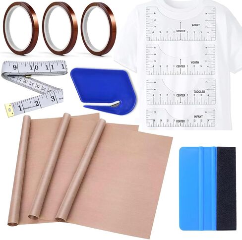 مجموعات أدوات قمصان التسامي (الوردي) - 4 Tirt Rulers ، 3Pack Teflon ورقة لـ Heat Press 12 × 16in - 2 لفات مقاومة للحرارة ، شريط واحد ، 1 squeegee للفينيل in Kuwait