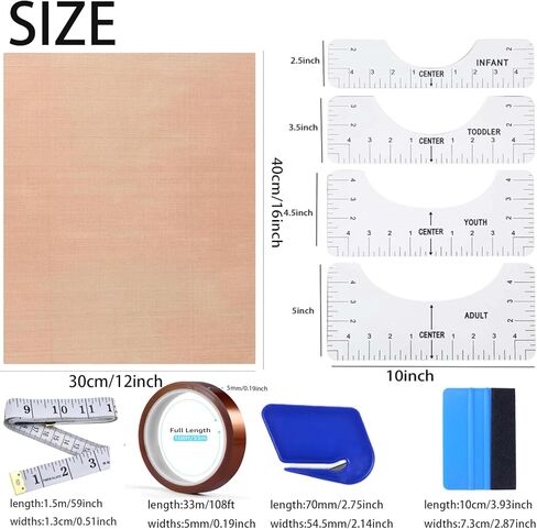 مجموعات أدوات قمصان التسامي (الوردي) - 4 Tirt Rulers ، 3Pack Teflon ورقة لـ Heat Press 12 × 16in - 2 لفات مقاومة للحرارة ، شريط واحد ، 1 squeegee للفينيل in Kuwait
