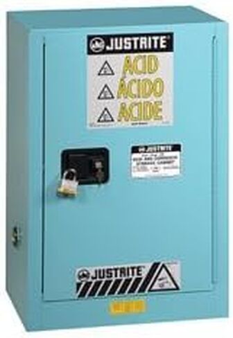 Justrite Galvanized Steel 1 Door Manual Compac Corrosives Safety Storage Cabinet, 12 Gallon Capacity, 23-1/4" Width x 35" Height x 18" Depth, 1 Adjustable Shelfs, Made in The USA, Blue, 891202 in Saudi Arabia