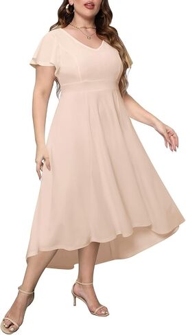 Women's Plus Size High Low Flutter Sleeves Wedding Guest Semi Formal Maxi Long Dress with Pockets in Kuwait