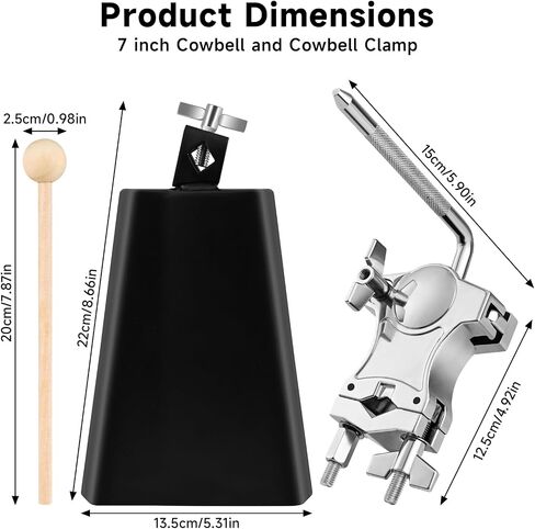 7 Inch Cowbell with L-Rod Cowbells Clamp for Drum Set, Heavy Duty Metal Cowbell, Adjustable L-Rod Cowbells Mount Bracket, Percussion Instrument Accessory, for Sports, Bands, Includes Drum Stick in Kuwait
