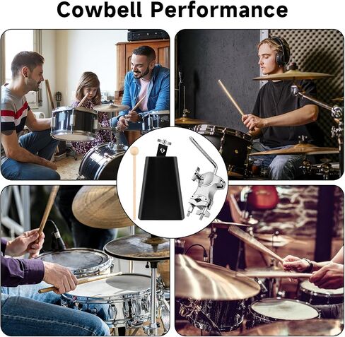 7 Inch Cowbell with L-Rod Cowbells Clamp for Drum Set, Heavy Duty Metal Cowbell, Adjustable L-Rod Cowbells Mount Bracket, Percussion Instrument Accessory, for Sports, Bands, Includes Drum Stick in Kuwait