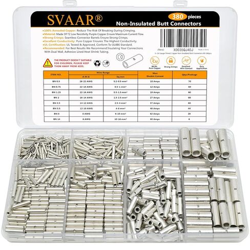 SVAAR 380PCS Non Insulated Butt Connectors Kit Butt Splice Connector Uninsulated Wire Splice Connectors for 26 to 6 Gauge Wire Marine Grade Tinned Copper Seamless Barrel Crimp Butt Splice Terminals in Kuwait